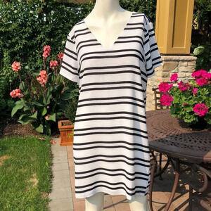 Press Dress Striped Short Sleeve V Neck Lined Mini Dress Black & White Sz S NWT